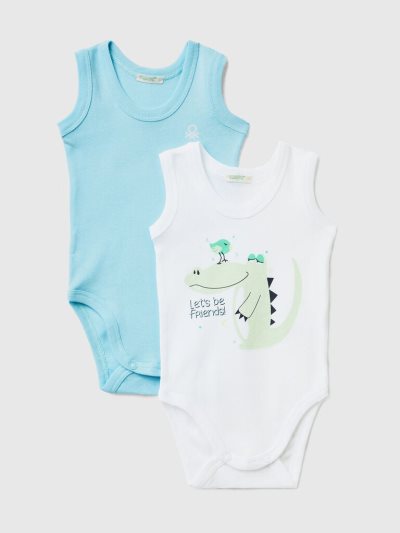 Kids' Benetton Two Organic Cotton Printed Bodysuits Light Blue | NZ612594