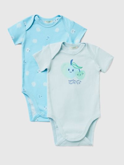 Kids' Benetton Two Organic Cotton Short Sleeve Bodysuits Light Blue | NZ814599