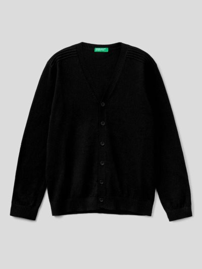Kids' Benetton V-neck Warm Cotton Cardigan Black | NZ807812