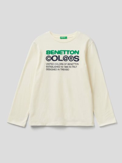 Kids' Benetton Warm 100% Organic Cotton Long Sleeve T-shirts Creamy White | NZ570856