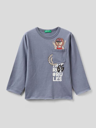 Kids' Benetton Warm Cotton Pocket Long Sleeve T-shirts Air Force Blue | NZ278418