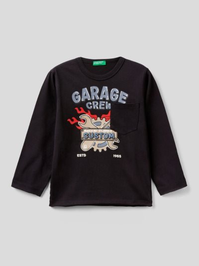 Kids' Benetton Warm Cotton Pocket Long Sleeve T-shirts Black | NZ329868