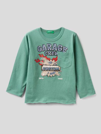 Kids' Benetton Warm Cotton Pocket Long Sleeve T-shirts Green | NZ892730