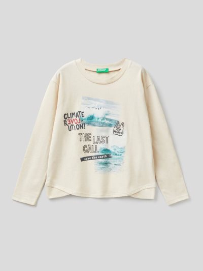 Kids' Benetton Warm Cotton Print Long Sleeve T-shirts Creamy White | NZ071131