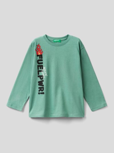 Kids' Benetton Warm Cotton Print Long Sleeve T-shirts Green | NZ083806