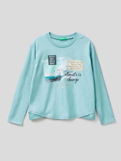 Kids' Benetton Warm Cotton Print Long Sleeve T-shirts Light Blue | NZ207752