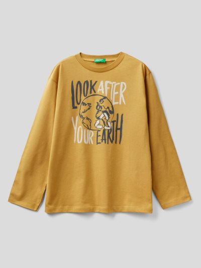 Kids' Benetton Warm Cotton Print Long Sleeve T-shirts Mustard | NZ313508