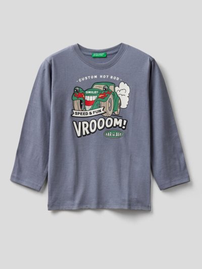 Kids' Benetton Warm Cotton Print Long Sleeve T-shirts Air Force Blue | NZ559701