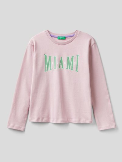 Kids' Benetton Warm Cotton Print Long Sleeve T-shirts Soft Pink | NZ757818