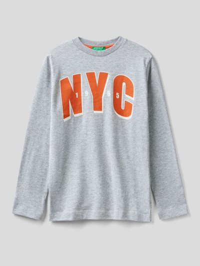 Kids' Benetton Warm Cotton Print Long Sleeve T-shirts Grey | NZ902899