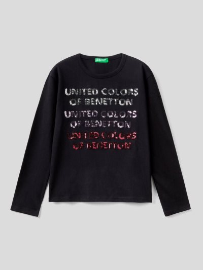 Kids' Benetton Warm Cotton Sequins Long Sleeve T-shirts Black | NZ486185