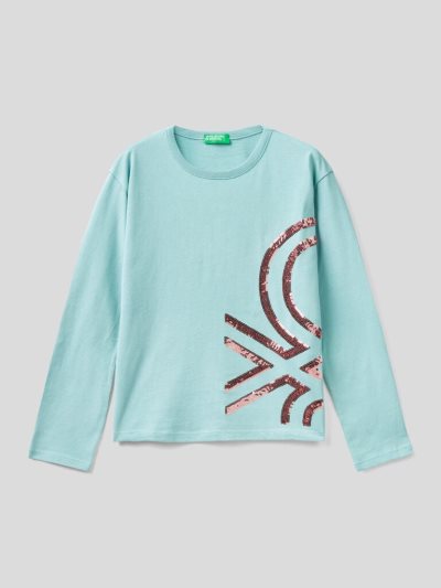 Kids' Benetton Warm Cotton Sequins Long Sleeve T-shirts Light Blue | NZ546920
