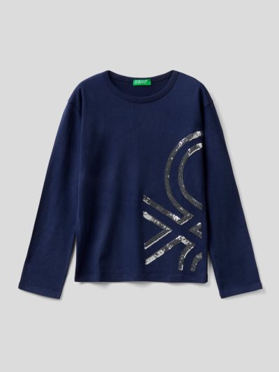 Kids' Benetton Warm Cotton Sequins Long Sleeve T-shirts Dark Blue | NZ629138