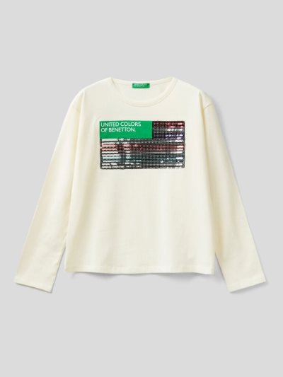 Kids' Benetton Warm Cotton Sequins Long Sleeve T-shirts Creamy White | NZ908633