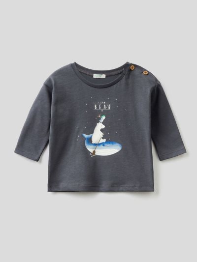 Kids' Benetton Warm Organic Cotton Print T Shirts Dark Grey | NZ391020