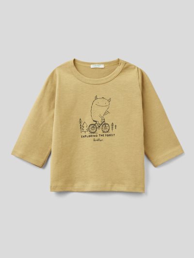 Kids' Benetton Warm Organic Cotton Print T Shirts Mustard | NZ472203