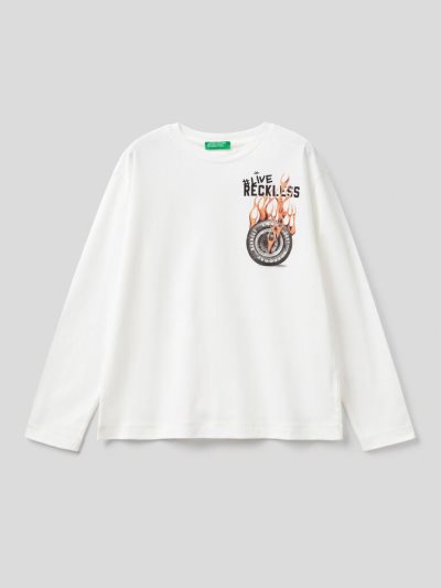 Kids' Benetton Warm Photo Print Long Sleeve T-shirts Creamy White | NZ904188