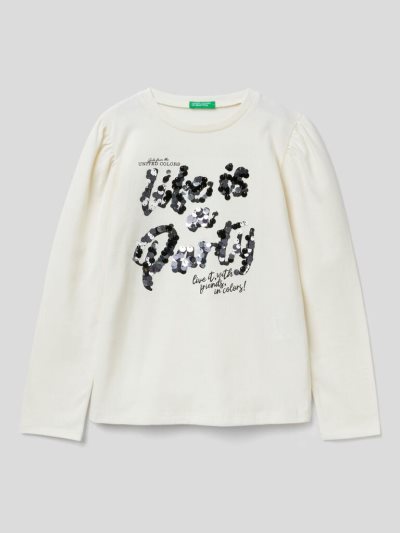Kids' Benetton Warm Print And Sequins Long Sleeve T-shirts Creamy White | NZ038490