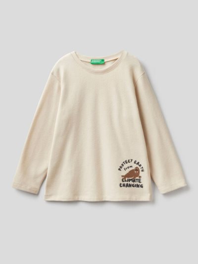 Kids' Benetton Warm Printed Long Sleeve T-shirts Creamy White | NZ657628