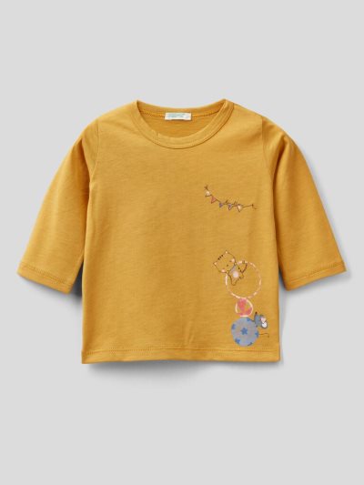 Kids' Benetton Warm Printed Organic Cotton T Shirts Yellow | NZ914840