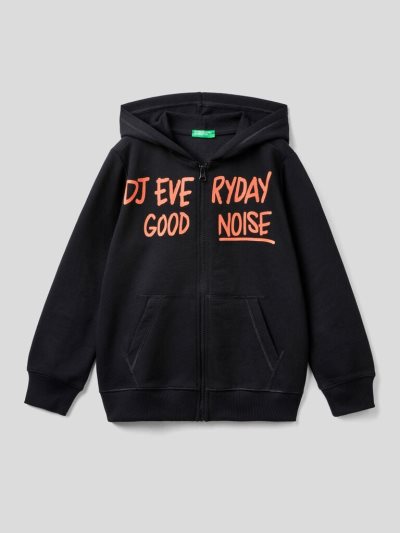 Kids' Benetton Warm Printed Zip Hoodie Black | NZ601794