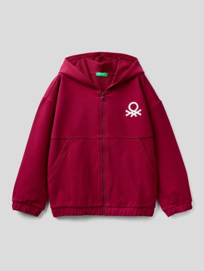 Kids' Benetton Warm Zip And Embroidered Logo Hoodie Burgundy | NZ384209