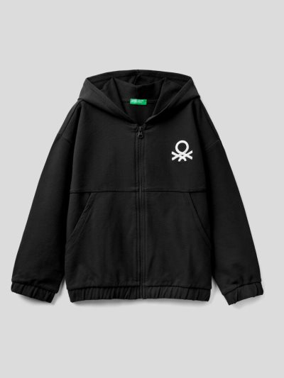 Kids' Benetton Warm Zip And Embroidered Logo Hoodie Black | NZ449901