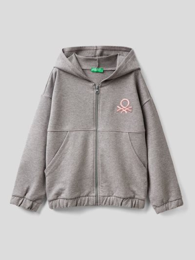 Kids' Benetton Warm Zip And Embroidered Logo Hoodie Dark Grey | NZ571402