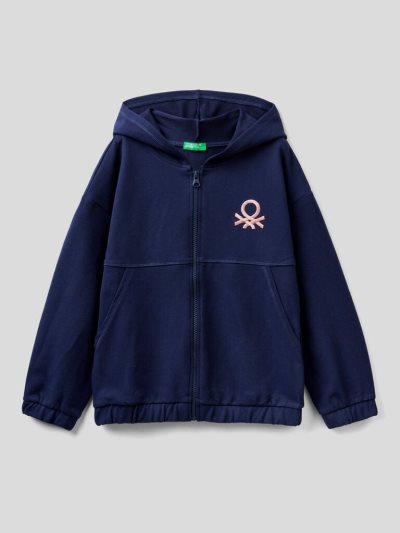 Kids' Benetton Warm Zip And Embroidered Logo Hoodie Dark Blue | NZ993337