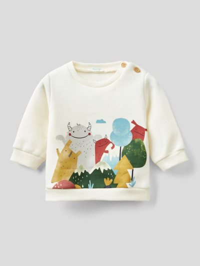 Kids' Benetton Water-based Print Hoodie Creamy White | NZ038130
