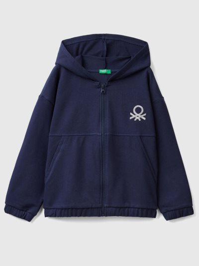 Kids' Benetton Zip And Embroidered Logo Hoodie Dark Blue | NZ023733