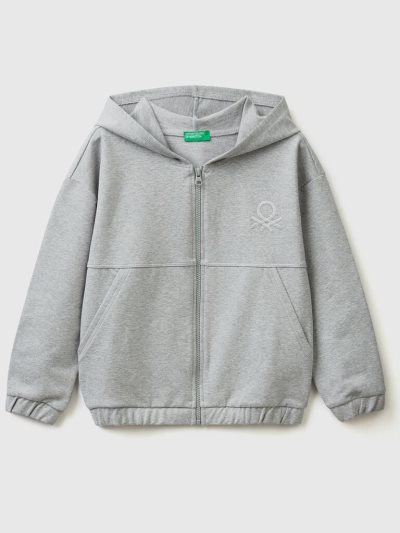 Kids' Benetton Zip And Embroidered Logo Hoodie Light Grey | NZ295006