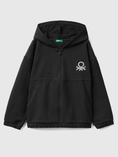 Kids' Benetton Zip And Embroidered Logo Hoodie Black | NZ806587