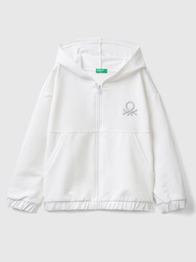 Kids' Benetton Zip And Embroidered Logo Hoodie White | NZ930427