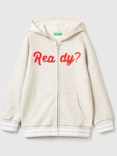 Kids' Benetton Zip And Embroidery Hoodie Light Grey | NZ417351