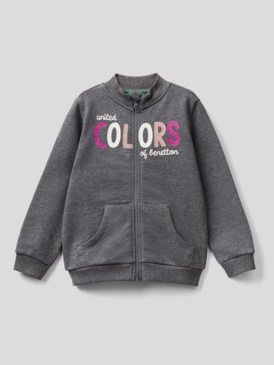 Kids' Benetton Zip Organic Cotton Sweatshirt Dark Grey | NZ343144