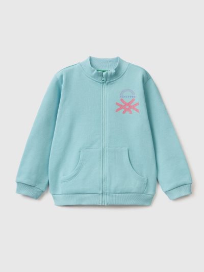 Kids' Benetton Zip Organic Cotton Sweatshirt Aqua | NZ370315