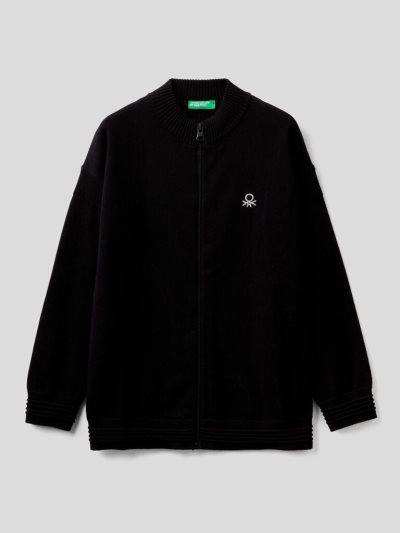 Kids' Benetton Zip-up 100% Cotton Cardigan Black | NZ363378