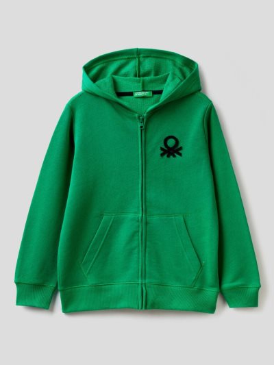 Kids' Benetton Zip-up Logo Print Hoodie Green | NZ190774