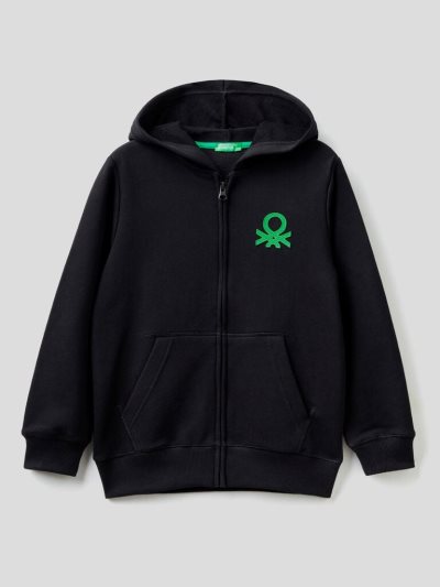 Kids' Benetton Zip-up Logo Print Hoodie Black | NZ677789