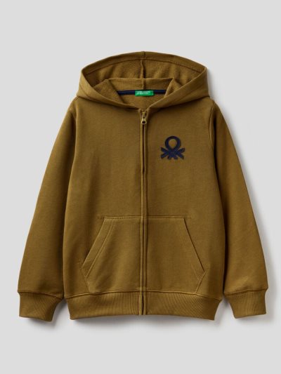 Kids' Benetton Zip-up Logo Print Hoodie Military Green | NZ852687