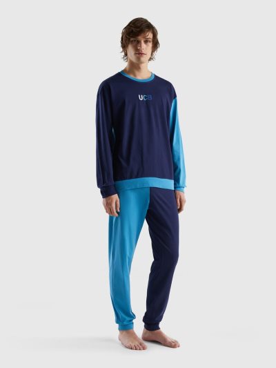 Men's Benetton 100% Cotton Color Block Pyjamas Dark Blue | NZ451227