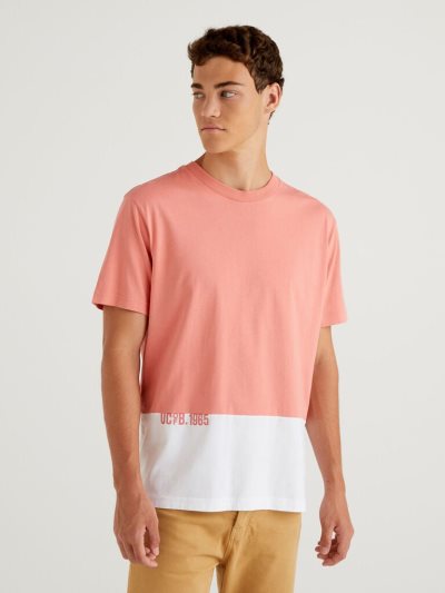 Men's Benetton 100% Cotton Color Block Short Sleeve T-shirts Red | NZ357762