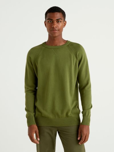 Men's Benetton 100% Cotton Crew Neck Sweaters Military Green | NZ084392