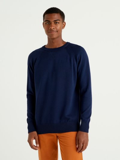 Men's Benetton 100% Cotton Crew Neck Sweaters Dark Blue | NZ094062