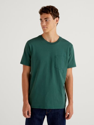 Men's Benetton 100% Cotton Pocket Short Sleeve T-shirts Dark Green | NZ063887