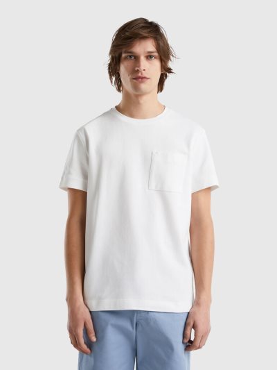 Men's Benetton 100% Cotton Pocket Short Sleeve T-shirts Creamy White | NZ126834