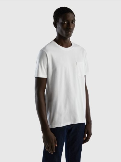 Men's Benetton 100% Cotton Pocket Short Sleeve T-shirts White | NZ412457