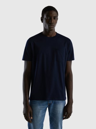 Men's Benetton 100% Cotton Pocket Short Sleeve T-shirts Dark Blue | NZ692577