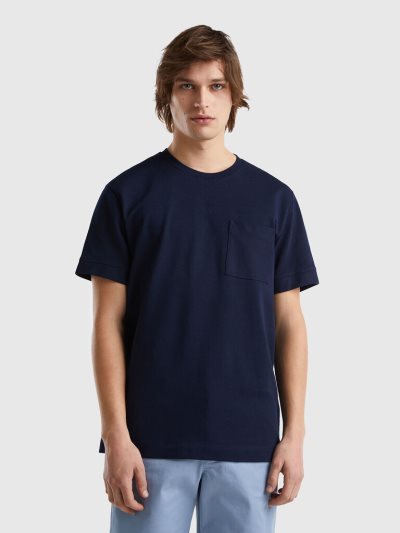 Men's Benetton 100% Cotton Pocket Short Sleeve T-shirts Dark Blue | NZ708911
